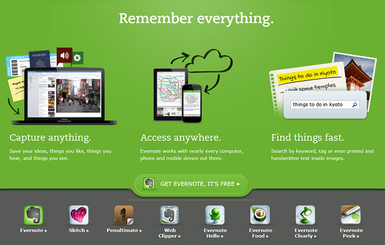 Evernote note & bookmark saving service available for web, mobile & tablet