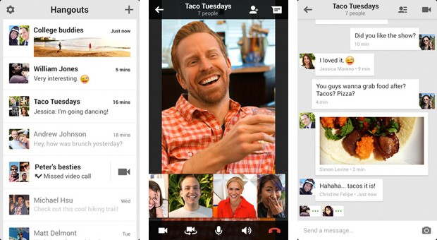 Google Hangouts welcome screen with video, call, message options