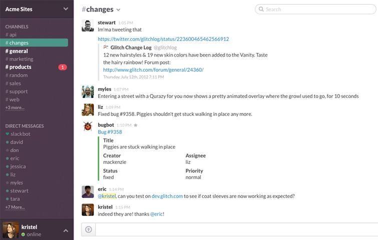 Slack team collaboration software showing channel view of chat messages amongst team members